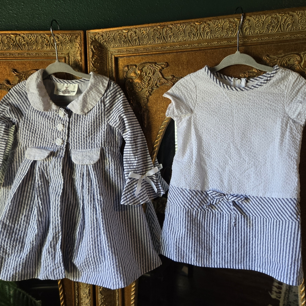 Rare Editions Blue and White Seersucker Dress And Jacket Set